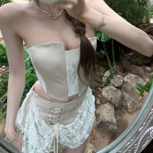 Summer Lace Splicing Fishbone Bustier & Short Skirt Two-Piece Set - Sweet Desire Aesthetic, Perfect for 90s or Y2K Style Outfits