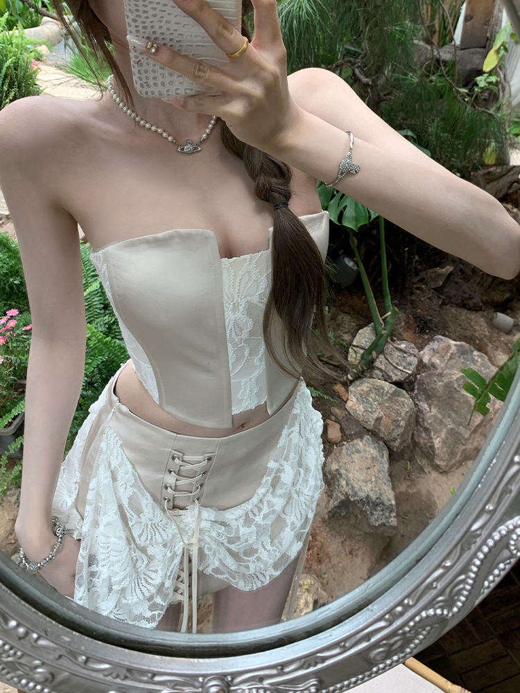 Summer Lace Splicing Fishbone Bustier & Short Skirt Two-Piece Set - Sweet Desire Aesthetic, Perfect for 90s or Y2K Style Outfits Summer Lace Splicing Fishbone Bustier & Short Skirt Two-Piece Set - Sweet Desire Aesthetic, Perfect for 90s or Y2K Style Outfits