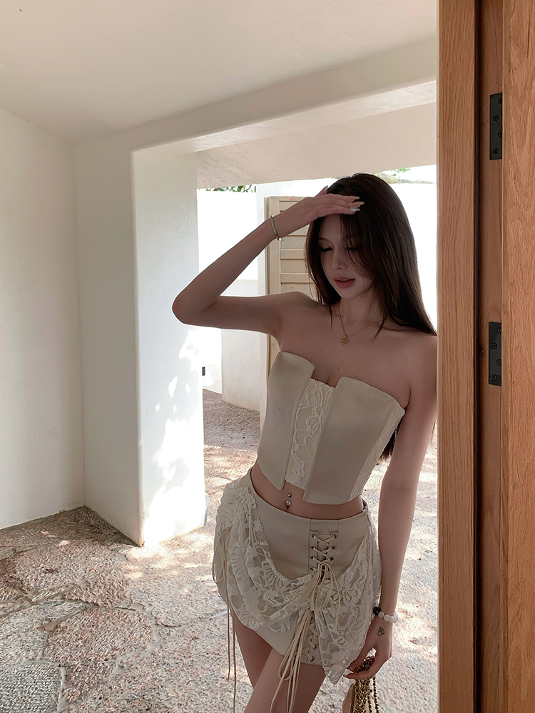 Summer Lace Splicing Fishbone Bustier & Short Skirt Two-Piece Set - Sweet Desire Aesthetic, Perfect for 90s or Y2K Style Outfits Summer Lace Splicing Fishbone Bustier & Short Skirt Two-Piece Set - Sweet Desire Aesthetic, Perfect for 90s or Y2K Style Outfits