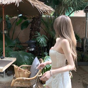 Summer Lace Splicing Fishbone Bustier & Short Skirt Two-Piece Set - Sweet Desire Aesthetic, Perfect for 90s or Y2K Style Outfits