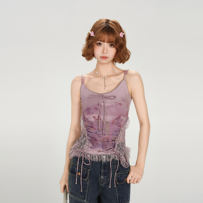 Summer Lace Splicing Printed Slim-Fit Tank Top for Women - American Style Spicy Girl Fashion