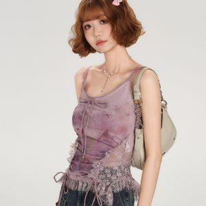 Summer Lace Splicing Printed Slim-Fit Tank Top for Women - American Style Spicy Girl Fashion