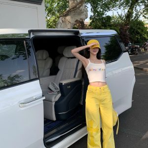 Summer Lemon Yellow Wide-Leg Jeans for Women - Loose Slim Fit Mid-Waist - Trendy Y2K Style