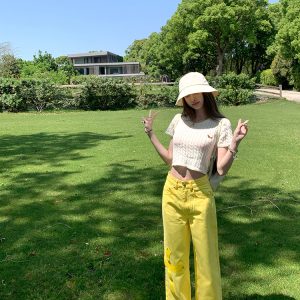 Summer Lemon Yellow Wide-Leg Jeans for Women - Loose Slim Fit Mid-Waist - Trendy Y2K Style