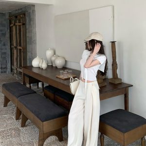 Summer Linen Wide-Leg Pants for Women - Elegant Draped Loose Beige Casual Trousers for Holiday Style