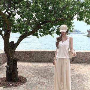 Summer Linen Wide-Leg Pants for Women - Elegant Draped Loose Beige Casual Trousers for Holiday Style