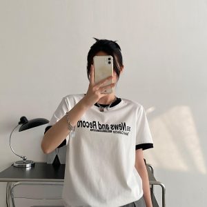 Summer Loose Fit Cotton T-Shirt for Women - Vintage Style Short Sleeve Top with Letter Print - Casual 90s Inspired Fashion