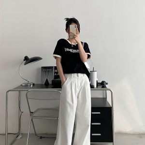 Summer Loose Fit Cotton T-Shirt for Women - Vintage Style Short Sleeve Top with Letter Print - Casual 90s Inspired Fashion