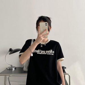 Summer Loose Fit Cotton T-Shirt for Women - Vintage Style Short Sleeve Top with Letter Print - Casual 90s Inspired Fashion