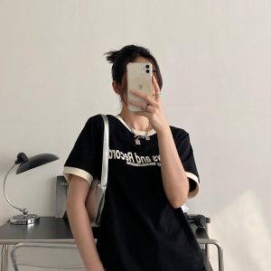 Summer Loose Fit Cotton T-Shirt for Women - Vintage Style Short Sleeve Top with Letter Print - Casual 90s Inspired Fashion