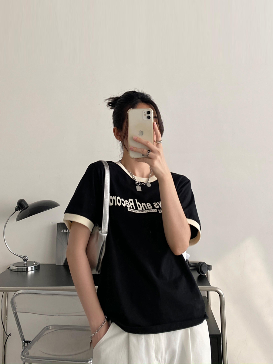 Summer Loose Fit Cotton T-Shirt for Women - Vintage Style Short Sleeve Top with Letter Print - Casual 90s Inspired Fashion Summer Loose Fit Cotton T-Shirt for Women - Vintage Style Short Sleeve Top with Letter Print - Casual 90s Inspired Fashion