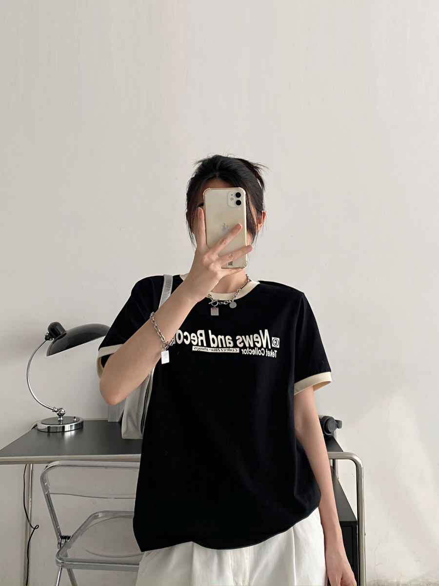 Summer Loose Fit Cotton T-Shirt for Women - Vintage Style Short Sleeve Top with Letter Print - Casual 90s Inspired Fashion Summer Loose Fit Cotton T-Shirt for Women - Vintage Style Short Sleeve Top with Letter Print - Casual 90s Inspired Fashion