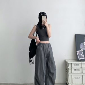 Summer Loose Low-Waist Drawstring Cargo Pants for Women - Spicy Girl Style Wide-Leg Pleated Parachute Pants