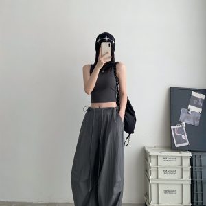 Summer Loose Low-Waist Drawstring Cargo Pants for Women - Spicy Girl Style Wide-Leg Pleated Parachute Pants