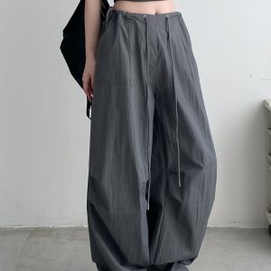Summer Loose Low-Waist Drawstring Cargo Pants for Women - Spicy Girl Style Wide-Leg Pleated Parachute Pants