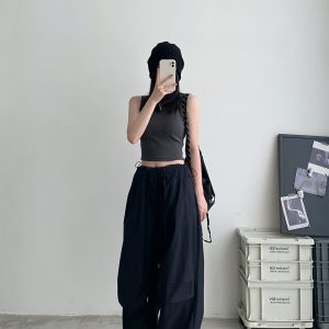 Summer Loose Low-Waist Drawstring Cargo Pants for Women - Spicy Girl Style Wide-Leg Pleated Parachute Pants