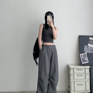 Summer Loose Low-Waist Drawstring Cargo Pants for Women - Spicy Girl Style Wide-Leg Pleated Parachute Pants