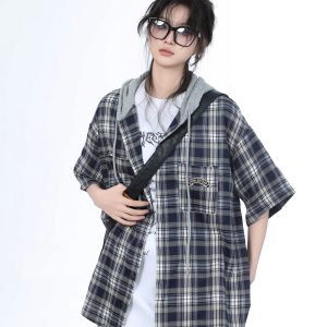 Summer Loose Plaid Hooded Short-Sleeve Shirt for Women - Casual Chic Style