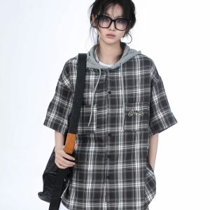 Summer Loose Plaid Hooded Short-Sleeve Shirt for Women - Casual Chic Style