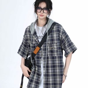 Summer Loose Plaid Hooded Short-Sleeve Shirt for Women - Casual Chic Style