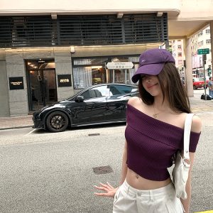 Summer Love Confession One-Shoulder Knitted Top for Women, Thin Purple Sweet Desire T-Shirt, Perfect for 90s Inspired Summer Style