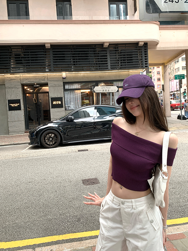 Summer Love Confession One-Shoulder Knitted Top for Women, Thin Purple Sweet Desire T-Shirt, Perfect for 90s Inspired Summer Style Summer Love Confession One-Shoulder Knitted Top for Women, Thin Purple Sweet Desire T-Shirt, Perfect for 90s Inspired Summer Style