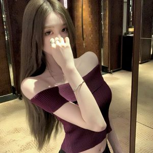 Summer Love Confession One-Shoulder Knitted Top for Women, Thin Purple Sweet Desire T-Shirt, Perfect for 90s Inspired Summer Style