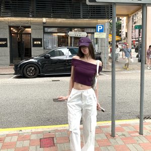 Summer Love Confession One-Shoulder Knitted Top for Women, Thin Purple Sweet Desire T-Shirt, Perfect for 90s Inspired Summer Style
