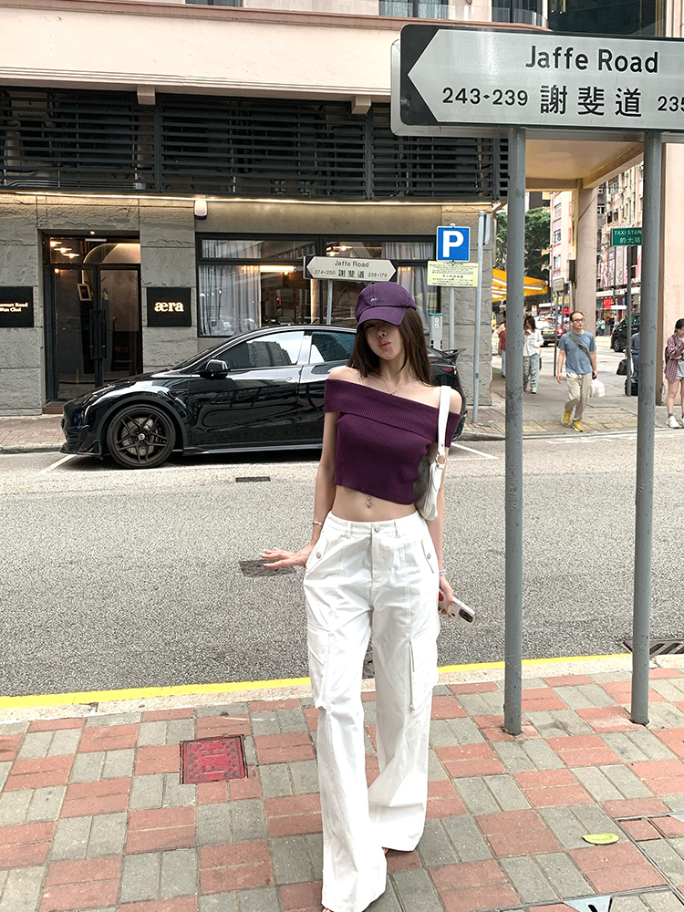 Summer Love Confession One-Shoulder Knitted Top for Women, Thin Purple Sweet Desire T-Shirt, Perfect for 90s Inspired Summer Style Summer Love Confession One-Shoulder Knitted Top for Women, Thin Purple Sweet Desire T-Shirt, Perfect for 90s Inspired Summer Style