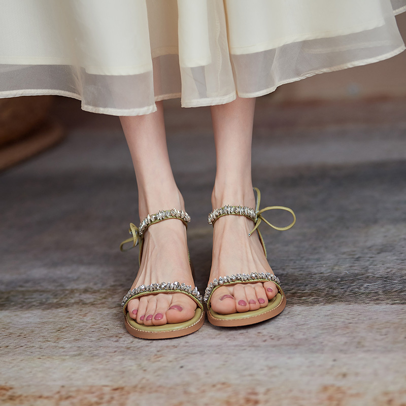 Summer Low-Heeled Flat Sandals for Women - One-Strap Design, Forest Style, Fairy Vibe, Slimming Fit with Water Diamonds