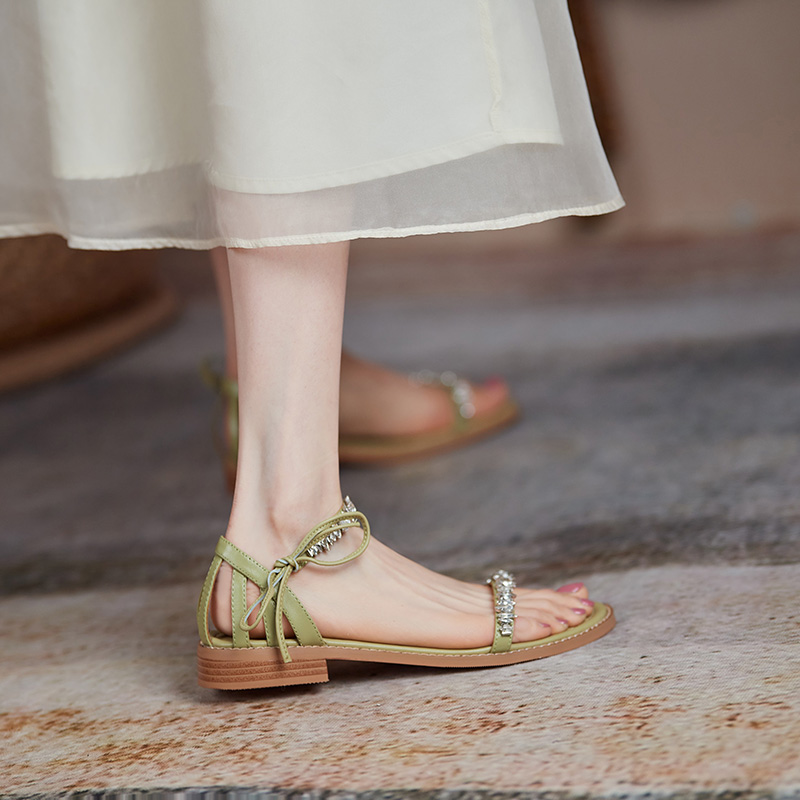 Summer Low-Heeled Flat Sandals for Women - One-Strap Design, Forest Style, Fairy Vibe, Slimming Fit with Water Diamonds