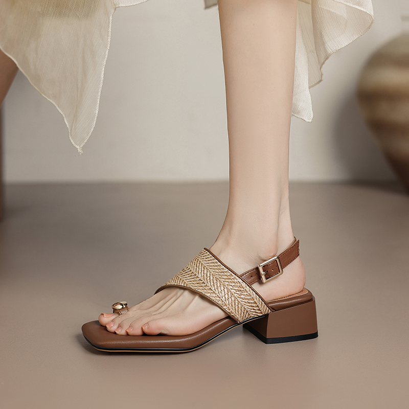 Summer Mid-Heel Slip-On Sandals for Women - Square Toe Woven Minimalist One-Strap Vacation Style Footwear