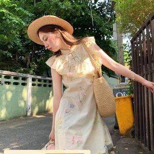 Summer of Cicadas Chinese Style Embroidered Button Short Sleeve Dress for Women - Vintage Short Flutter Sleeve Skirt