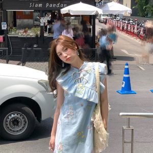 Summer of Cicadas Chinese Style Embroidered Button Short Sleeve Dress for Women - Vintage Short Flutter Sleeve Skirt