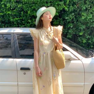 Summer of Cicadas Chinese Style Embroidered Button Short Sleeve Dress for Women - Vintage Short Flutter Sleeve Skirt