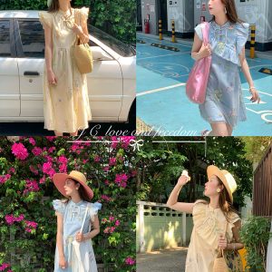 Summer of Cicadas Chinese Style Embroidered Button Short Sleeve Dress for Women - Vintage Short Flutter Sleeve Skirt