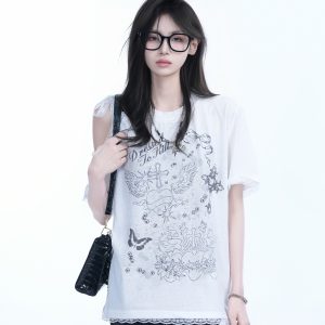 Summer Off-Shoulder Lace Spliced Short Sleeve T-Shirt for Women - Sweet Loose Fit, Trendy Ins Style, Perfect for 90s Y2K Looks