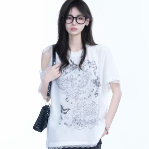 Summer Off-Shoulder Lace Spliced Short Sleeve T-Shirt for Women - Sweet Loose Fit, Trendy Ins Style, Perfect for 90s Y2K Looks