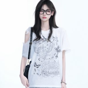 Summer Off-Shoulder Lace Spliced Short Sleeve T-Shirt for Women - Sweet Loose Fit, Trendy Ins Style, Perfect for 90s Y2K Looks