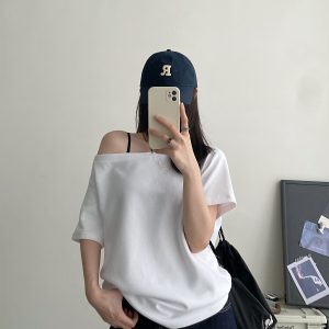 Summer Off-Shoulder Loose Fit Two-Way T-Shirt for Women - Slim-Fit Short Sleeve Top in Sun Grapefruit - Casual 90s Style