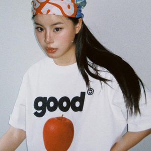 Summer Oversized Apple Print T-Shirt for Women - Casual Round Neck Heavyweight Short Sleeve Top, American Style Fashion