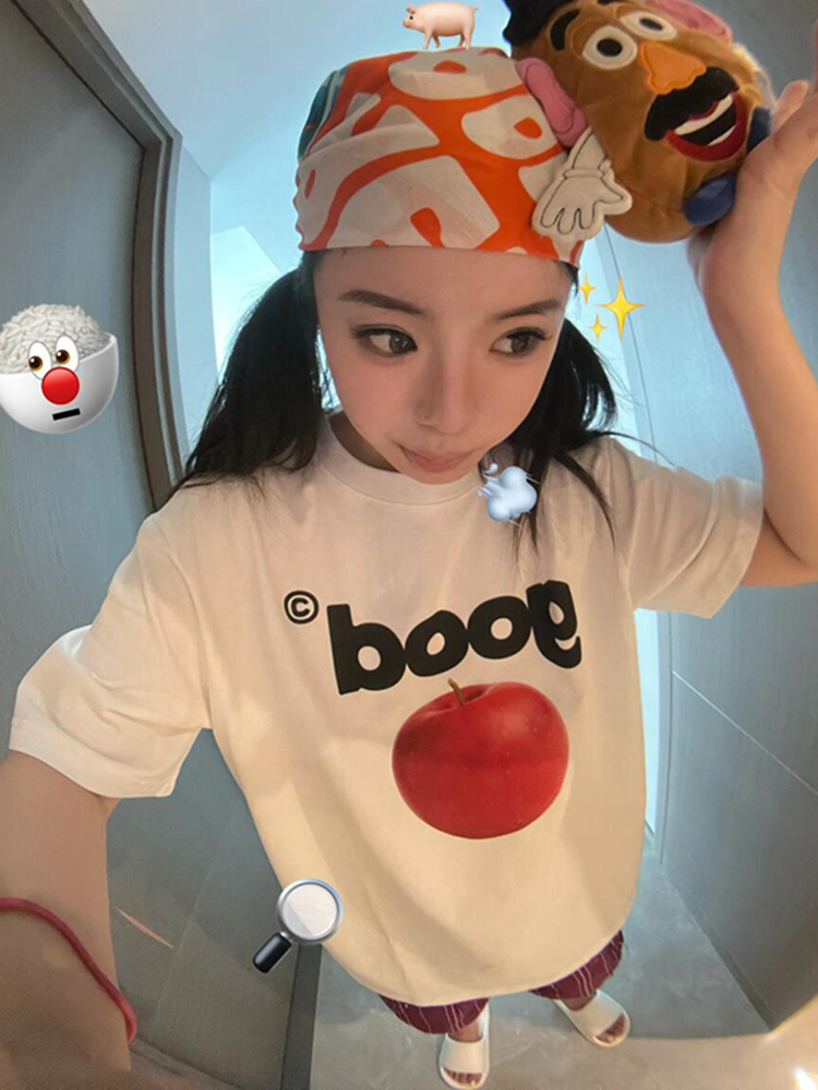 Summer Oversized Apple Print T-Shirt for Women - Casual Round Neck Heavyweight Short Sleeve Top, American Style Fashion Summer Oversized Apple Print T-Shirt for Women - Casual Round Neck Heavyweight Short Sleeve Top, American Style Fashion