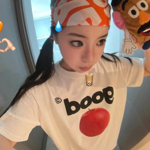 Summer Oversized Apple Print T-Shirt for Women - Casual Round Neck Heavyweight Short Sleeve Top, American Style Fashion