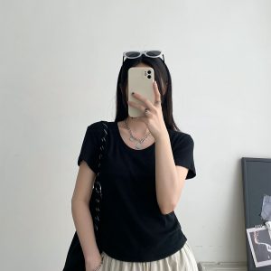Summer Oversized Pleated Design U-Neck T-Shirt for Women - Slimming White Short Sleeve Top with Sun Grapefruit Pattern