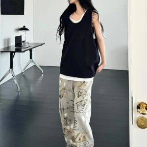 Summer Patchwork Sleeveless T-shirt Vest for Women, Loose American Street Style Two-Piece Top, Trendy Casual Fashion