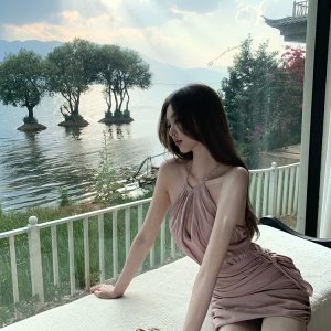 Summer Pink Backless Ruffled Chain Bodycon Halter Mini Dress with Kyoto Falling Cherry Blossoms Design