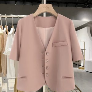 Summer Pink Small Women's Blazer 2025 - Stylish Short Sleeve Versatile Suit Jacket for a Chic Look