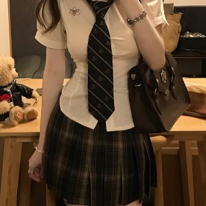 Summer Plaid Pleated Skirt for Women - Chuan Tea JK Uniform Short Skirt, Cute Pudding Bear Design, School Style Fashion