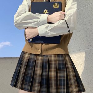 Summer Plaid Pleated Skirt for Women - Chuan Tea JK Uniform Short Skirt, Cute Pudding Bear Design, School Style Fashion