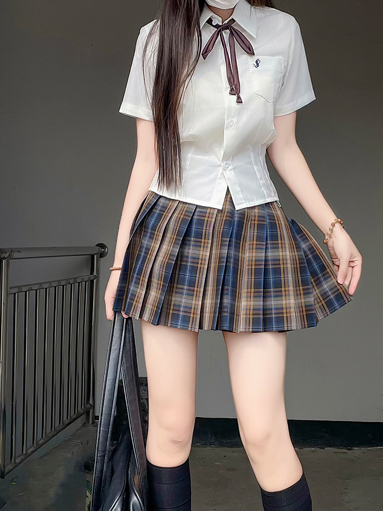 Summer Plaid Pleated Skirt for Women - Chuan Tea JK Uniform Short Skirt, Cute Pudding Bear Design, School Style Fashion Summer Plaid Pleated Skirt for Women - Chuan Tea JK Uniform Short Skirt, Cute Pudding Bear Design, School Style Fashion